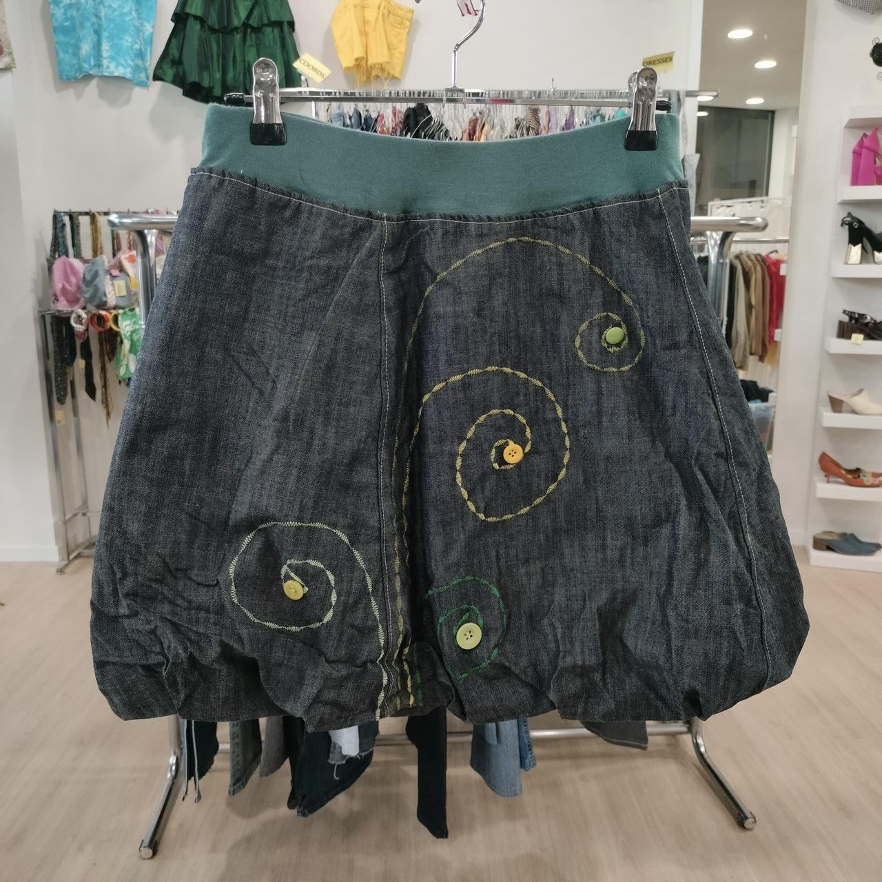Denim bubble skirt with green waistband, yellow and green spiral embroidery, second hand fashion