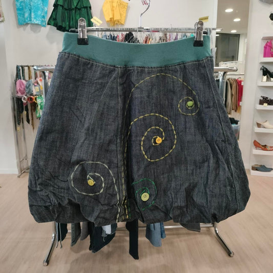 Denim bubble skirt with green waistband, yellow and green spiral embroidery, second hand fashion
