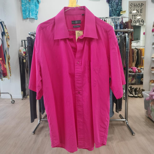 luca d'este fuchsia pink short sleeve button up shirt