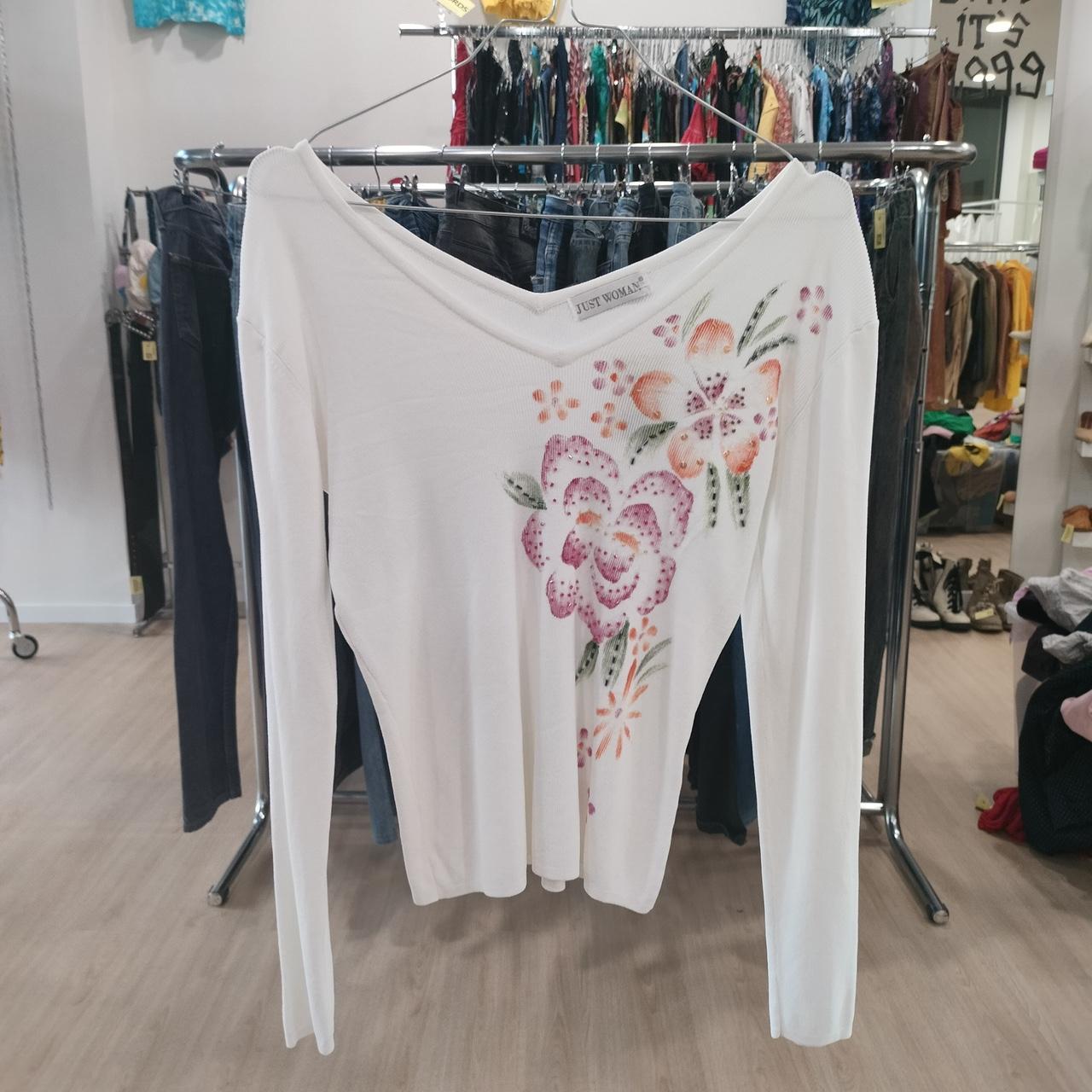 just woman white long sleeve ribbed top with floral print