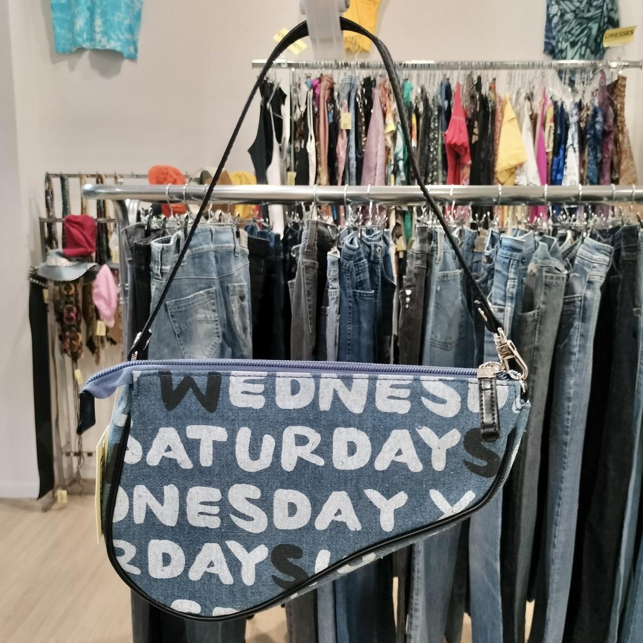 valeria Blue and white denim shoulder bag with black handle