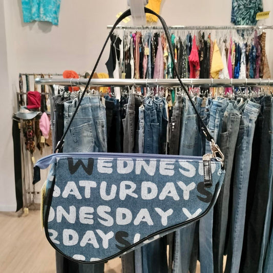 valeria Blue and white denim shoulder bag with black handle